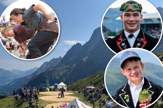 Bild Moser mit Festsieg, Walther und Gäumann mit Kranz, Bigler mit erstem Zweig